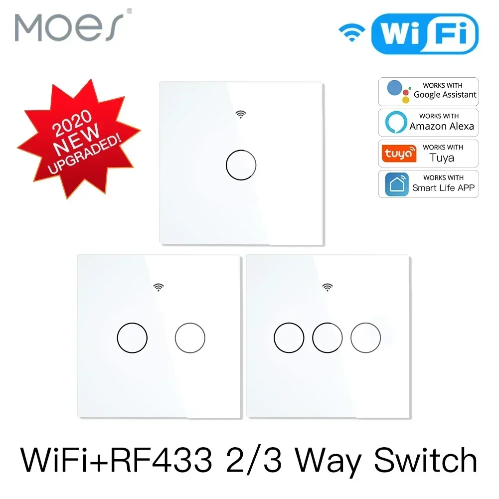 MOES NEW WiFi RF433 Smart Touch Switch 2/3 Way Smart Life/Tuya App Control,Alexa Google Home Voice Control 1/2/3 Gang EU