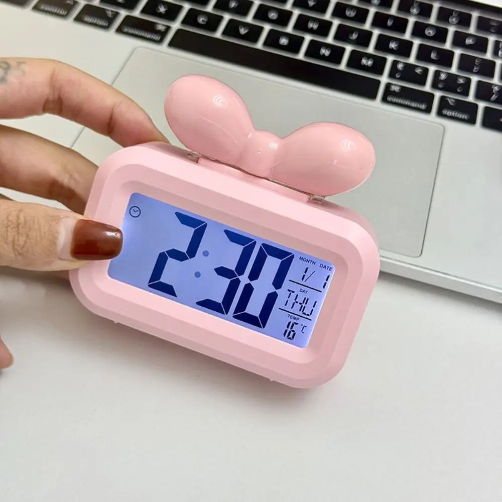 New Bowknot LED Digital Clock Temperature Detection Mini Alarm Clock Gift with Night Light Desktop Clock Bedside Decoration