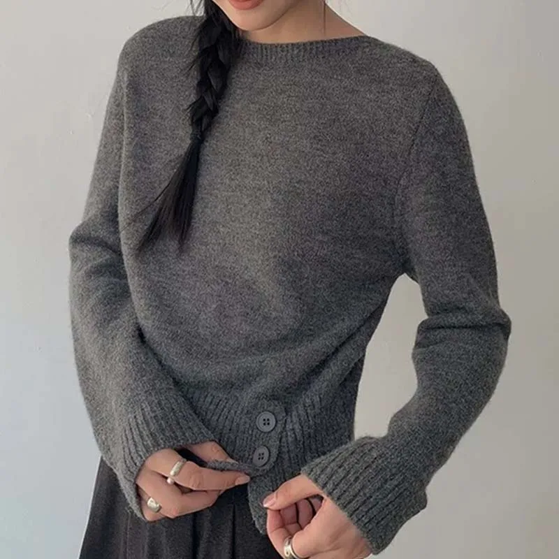 

Autumn winter collection Round-neck dark grey 100% wool sweater women soft and fluffy sweater stylish knitted sweater