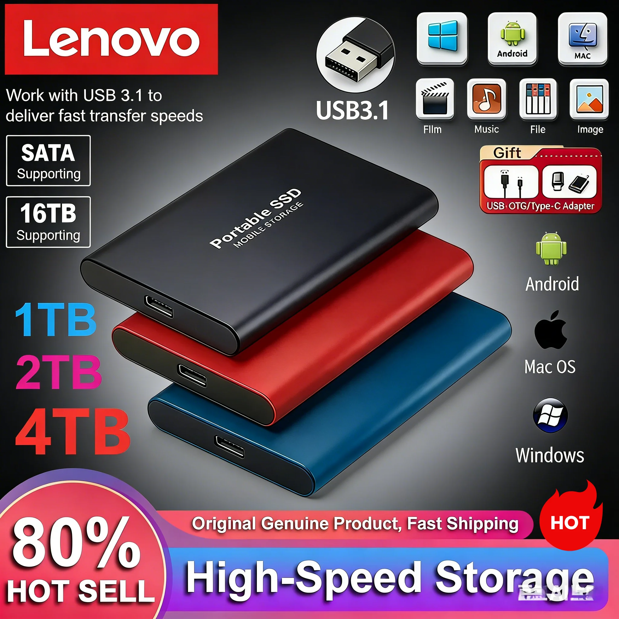 

Внешний корпус для SSD-накопителя Lenovo 256 ТБ, высокоскоростной USB 3.0, мобильный бокс для жесткого диска, ABS-корпус с кабелем USB 3.0 для хранения данных