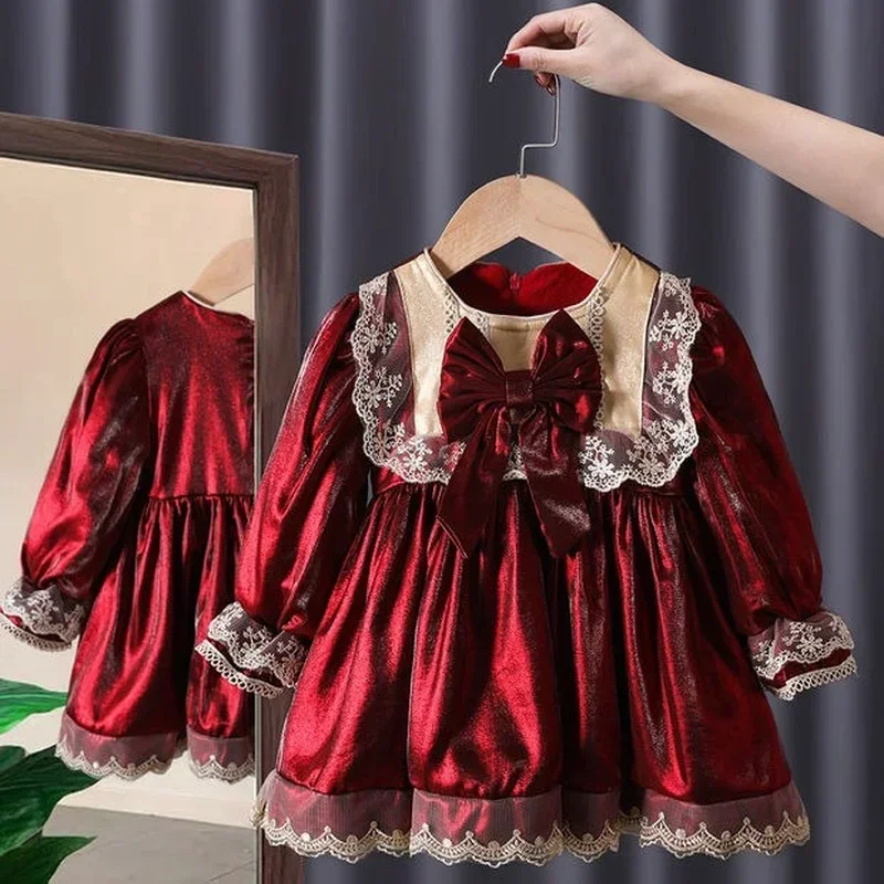 Winter Rode Jurk Chinese Nieuwjaar Kleding Voor Meisjes Lange Mouw Kanten Strik Lolita Prinsessenjurk Baby Kids Fluwelen Rok Broek Set