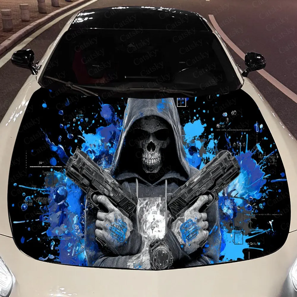 

Dual Gun Grim Reaper Pattern Car Hood Sticker,Waterproof Self-Adhesive Vinyl Graphics Decal,Decorative Auto Accessories Stickers