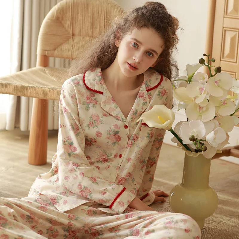 

Новая осенняя одежда для сна в стиле ретро, женский комплект с цветком пиона, двухслойная хлопковая пряжа класса А, повседневная домашняя одежда из чистого хлопка