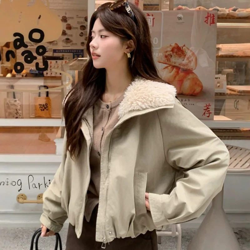 2026 Fashion Faux Lamb Fur Collar Cotton-padded Jacket Women's Short Parkas Winter Thicken Warm Coats Student Loose Outerwear