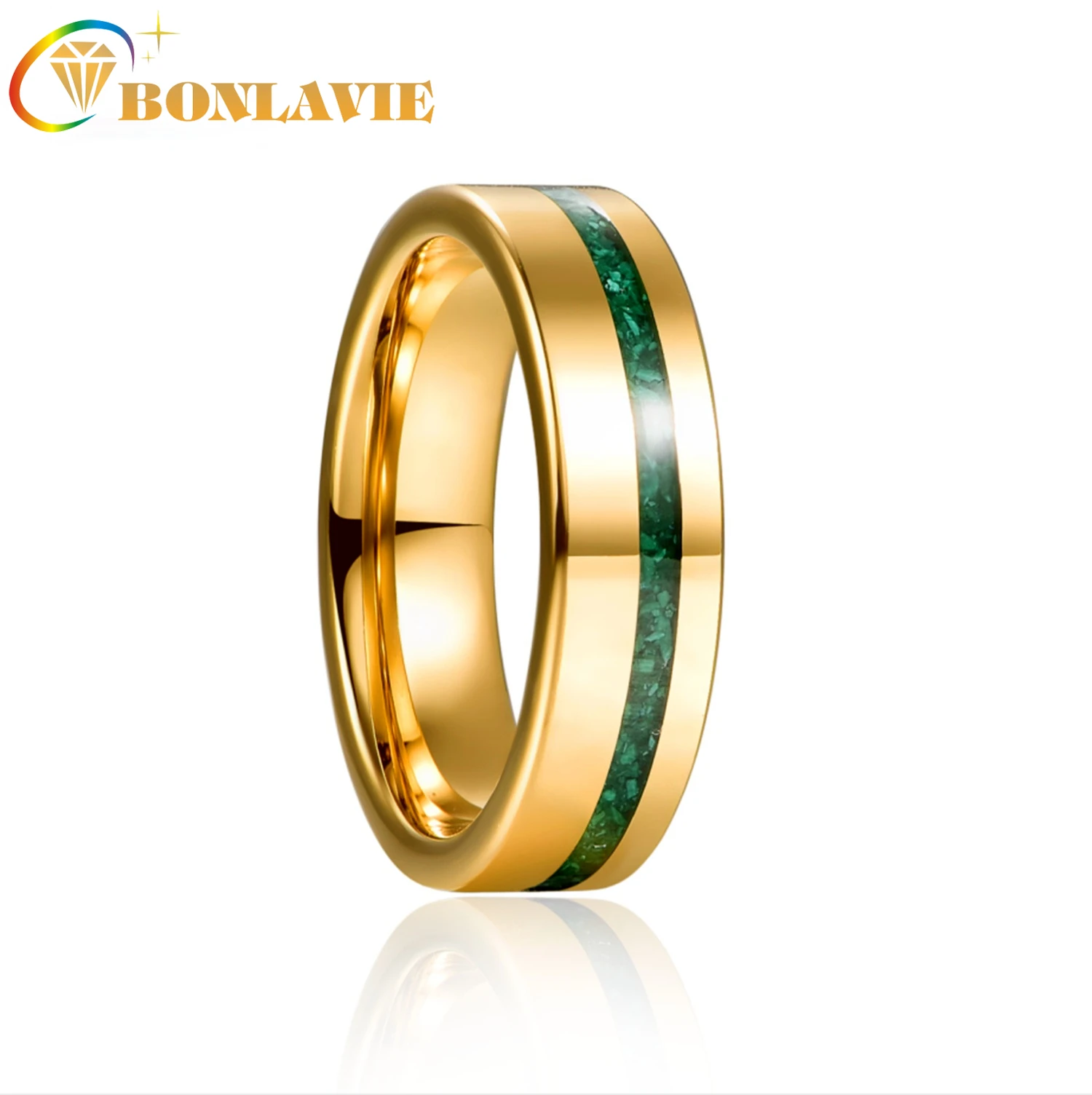 

BONLAVIE 6mm Gold Polished Inlaid Malachite Tungsten Steel Ring Tungsten Carbide Ring Men's Fashion Wedding Jewelry Best Gift