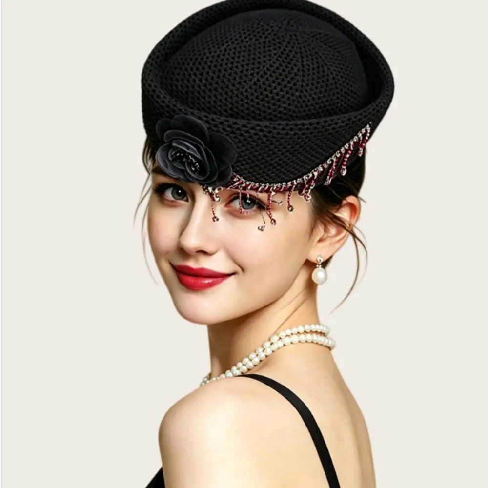 New With Flower Women's Pillbox Hat Structured Crown Round Shape Round Dress Hat Solid Vintage Style Brimless Cap Daily Outfits