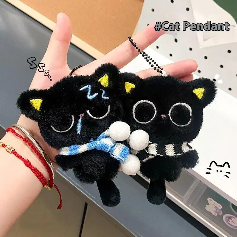 Porte-clés poupée en peluche chat noir, dessin animé, doux, joli sac d'école, pendentif, décoration, cadeaux