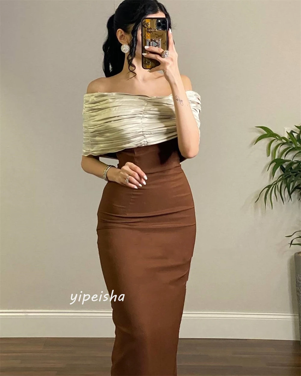       Satin Pleat Christmas A-line Off-the-shoulder Bespoke Occasion Gown Midi es