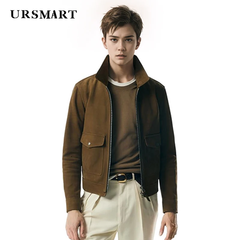 Brown suede men\'s jacket 2024 Spring and Autumn new fashion multi bag genuine leather short jacket for men