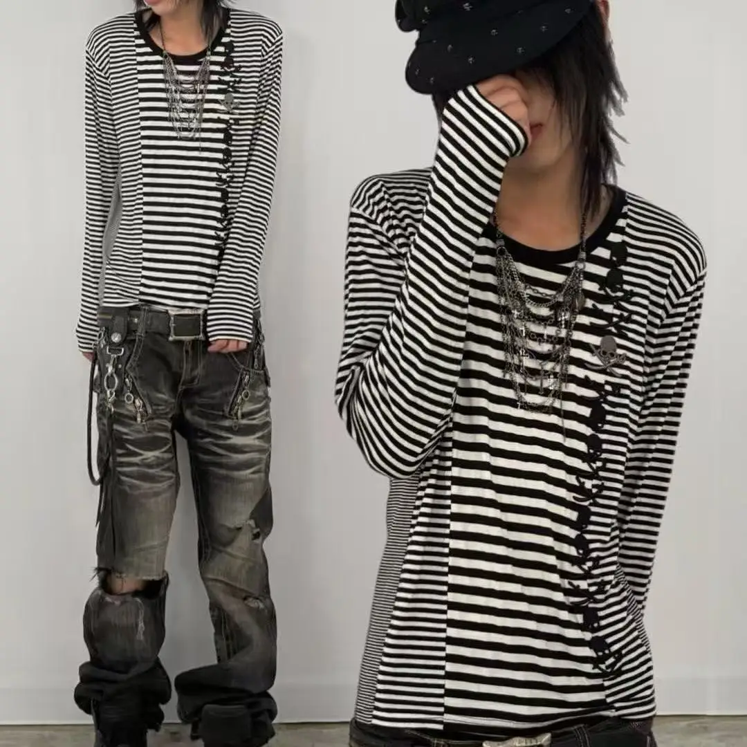 Black White Stripe Long Sleeve Tee Side Skull Pattern Print Round Neck Slim Fit Lightweight Casual Retro Street Longline Top