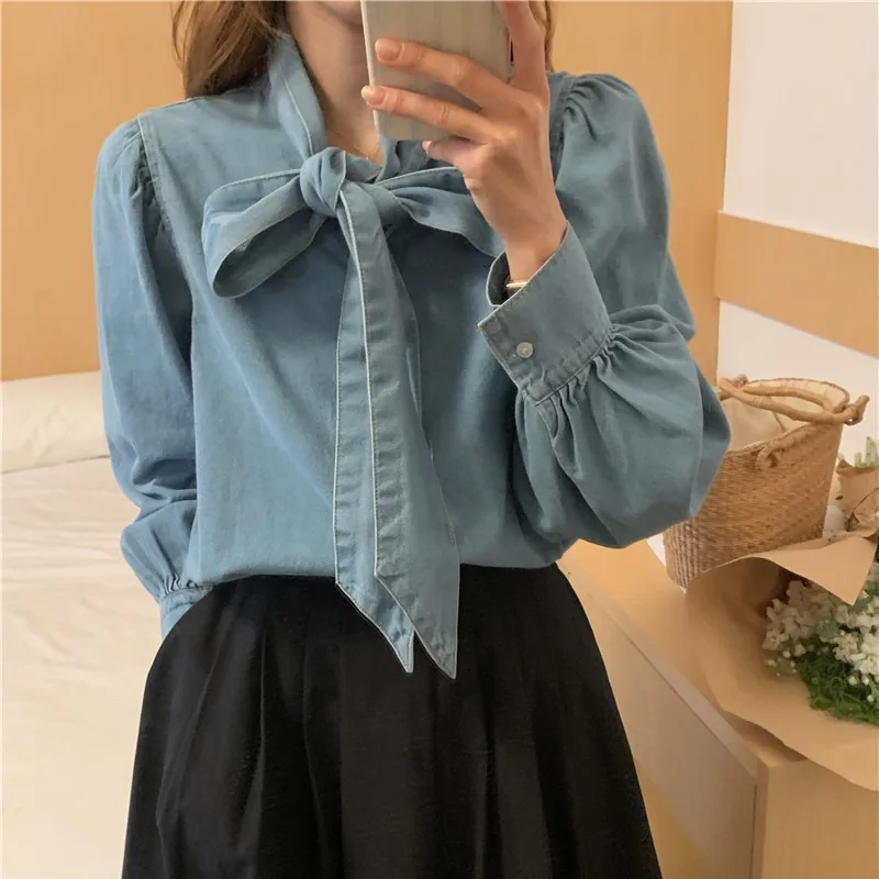 Matakawa Lace Up Bow Women Denim Shirts&blouses Solid Spring Autumn Korean Fashion Sweet Blusas Mujer Vintage Chic Camisas