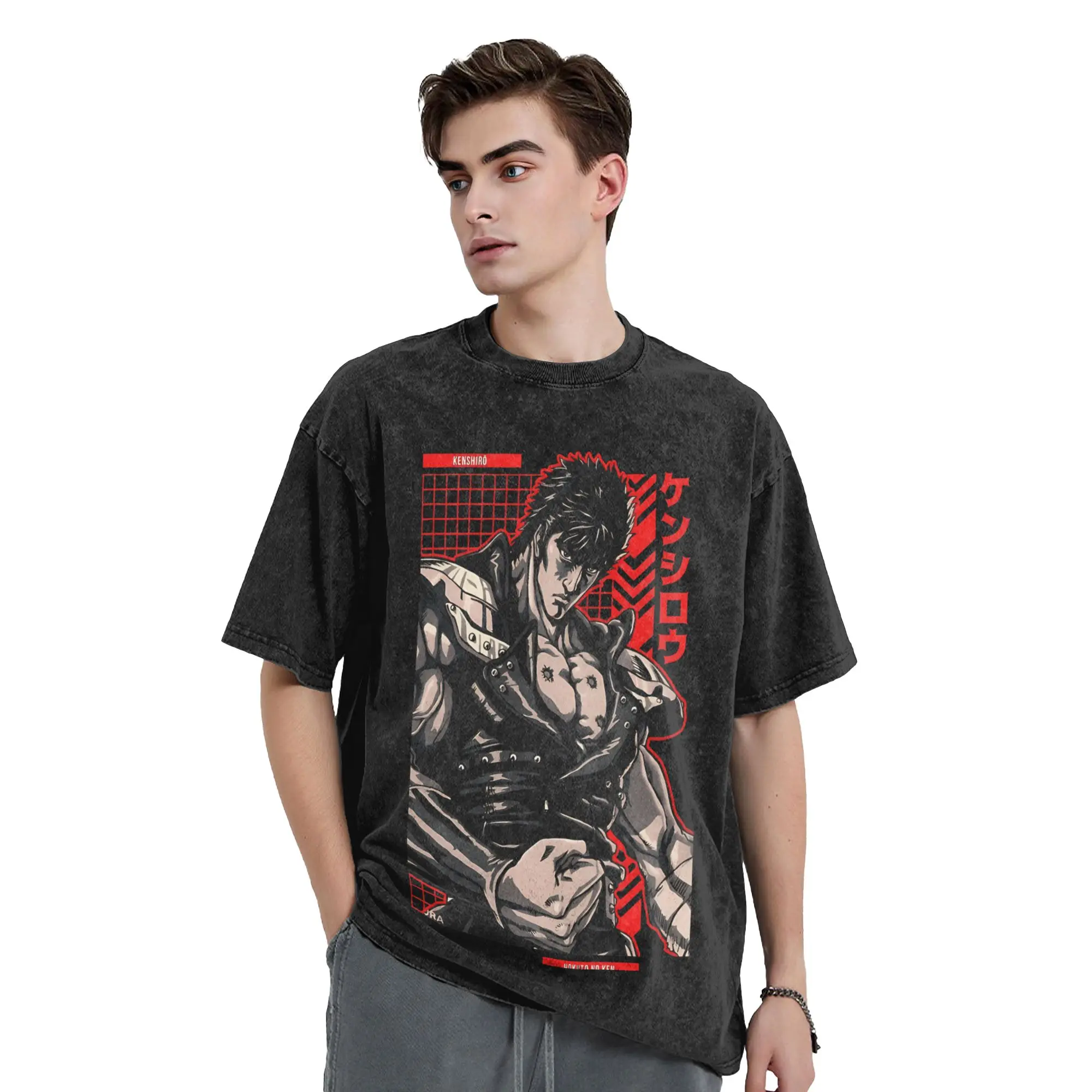 Music Vintage Guerriero Call Me Fist of the North Star  Washed T Shirt Streetwear T-Shirt  Tees Tops Cotton High Street Printed