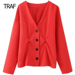 TRAF Women Coat Spring 2024 Cropped Ruffled Coat V-Neck Long Sleeves Single Breasted Top New In Outwear Elegant Coats Arrivals