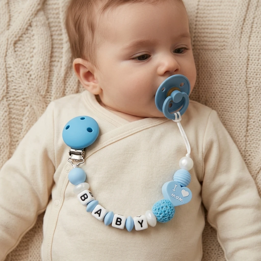 Personalized Silicone Baby Teether Holder Custom Name Pacifier Clip BPA Free Blue Dummy Chain I Love Mom Shower Gift
