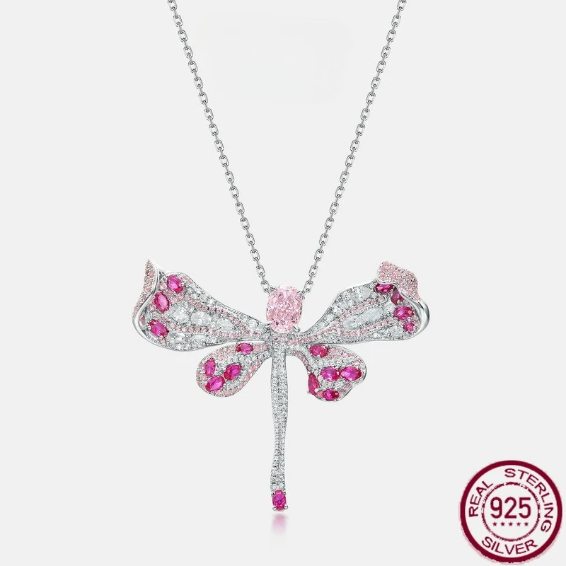 

New S925 Pure Silver Dragonfly Light Pink High Carbon Diamond Full Set Color Diamond Personalized Necklace Wedding Jewelry