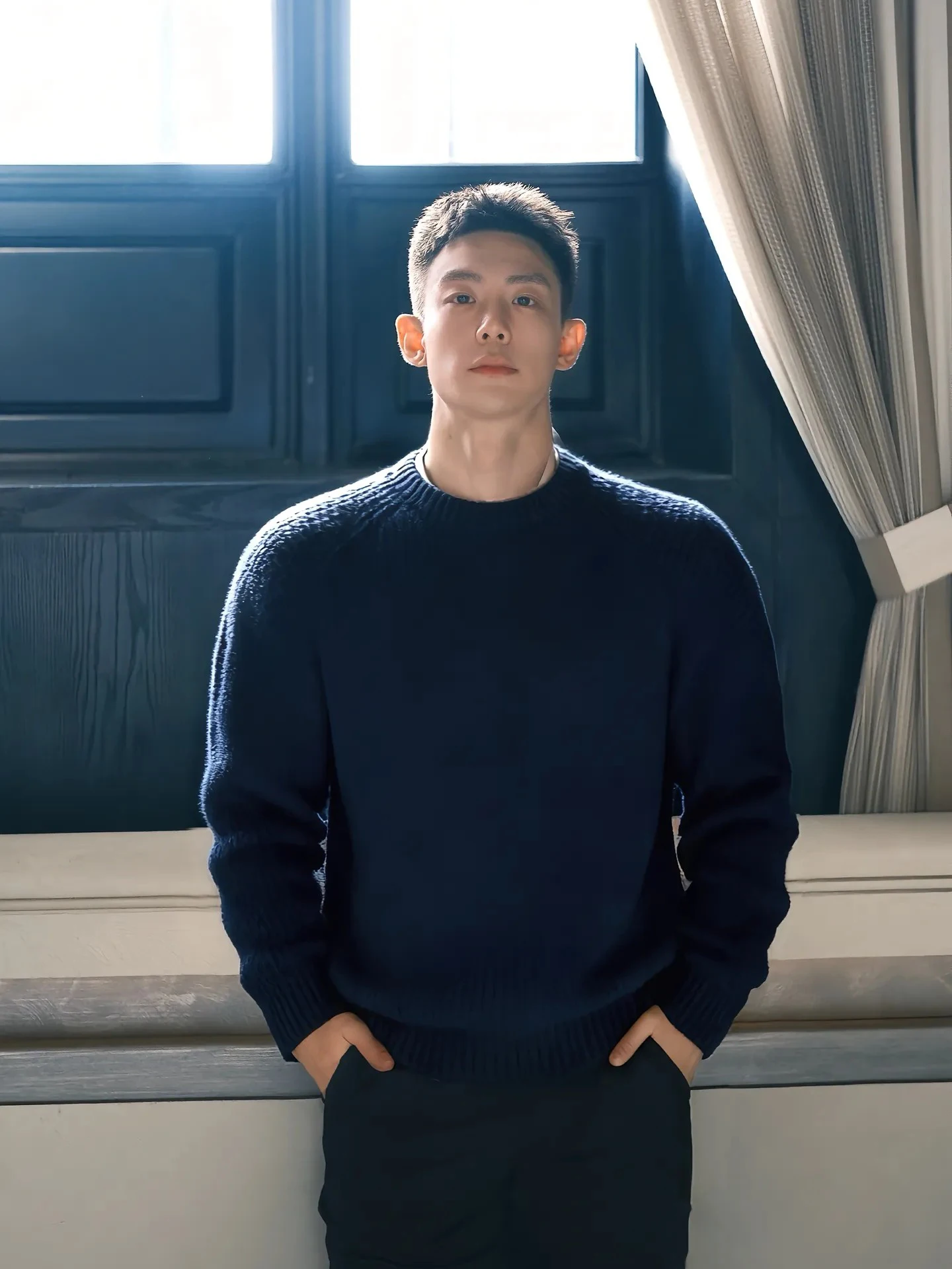 

Утепленный круглый вязаный свитер для мужчин синего цвета, зимний теплый базовый слой, с длинными рукавами, повседневный, модный, комфортный крой