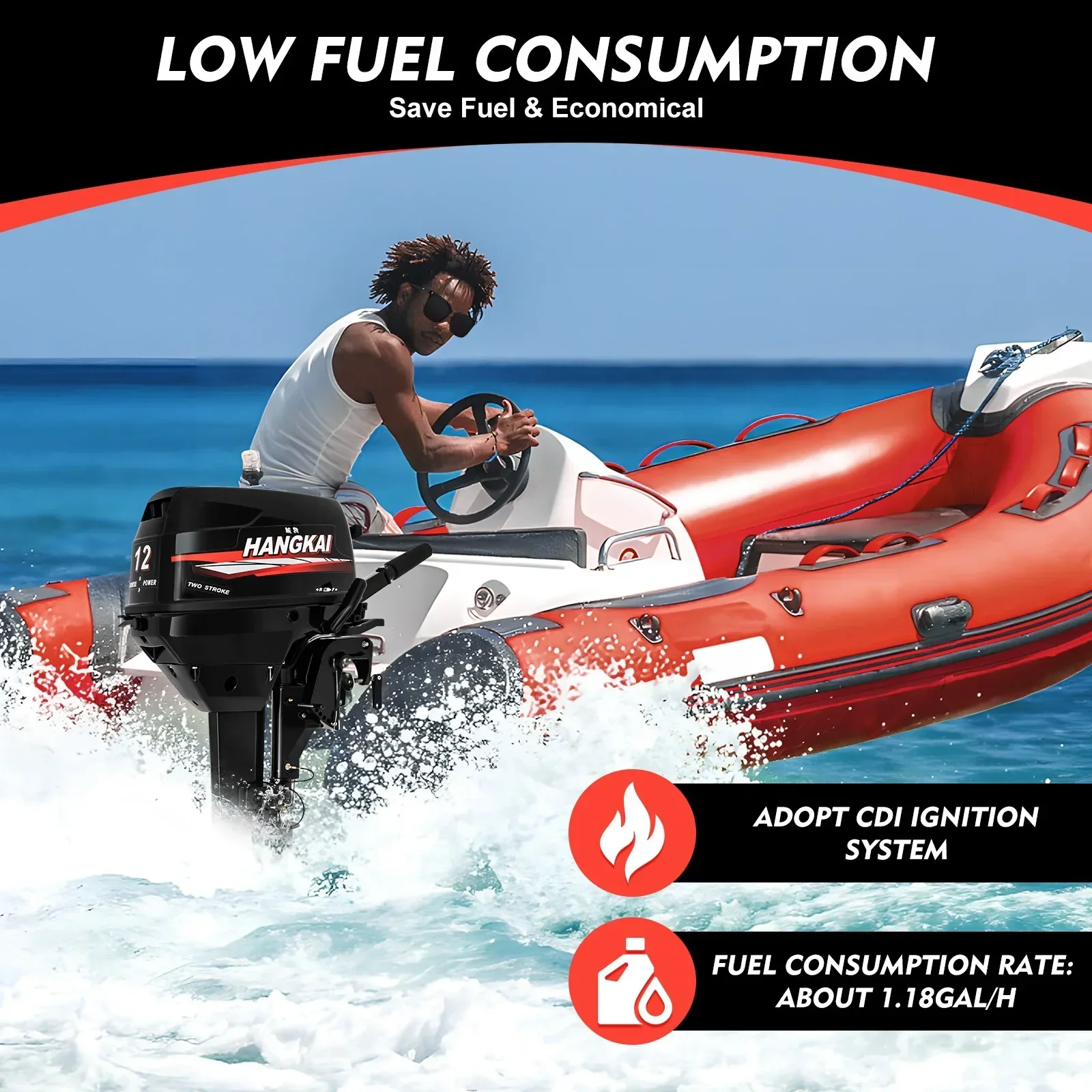 Bymaocar 2-Stroke 12HP محرك خارجي بعمود قصير مزدوج الأسطوانة، محرك بنزين مبرد بالماء 4500-5500r/min لقوارب الصيد