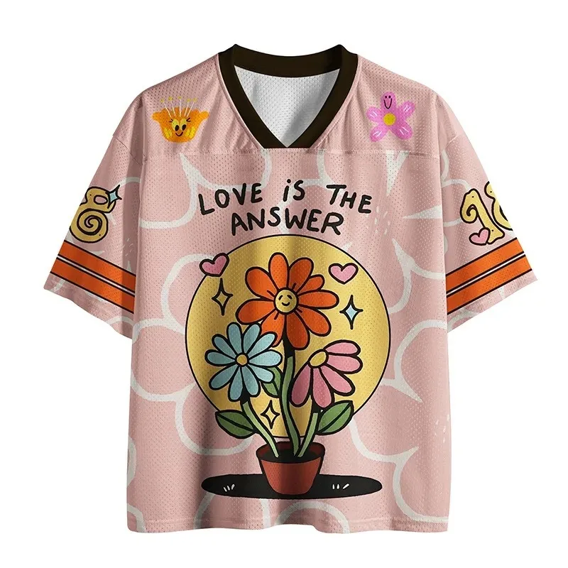 Sweet Cool Foundation Make-up Cartoon Sunflower V-Neck Jersey 18 Love Graffiti LOVE IS THE ANSWER Breathable Rugby Short Sleeve