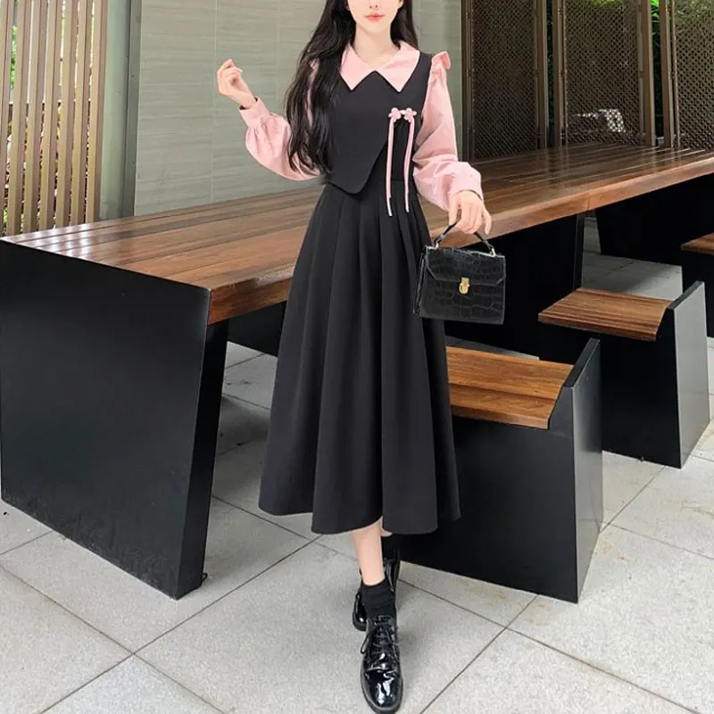 Chinese Disc Buckle Vintage Dresses Female Clothing Stylish Pleated Ruffles Spliced Spring Autumn Fake Two Pieces Midi Dress New