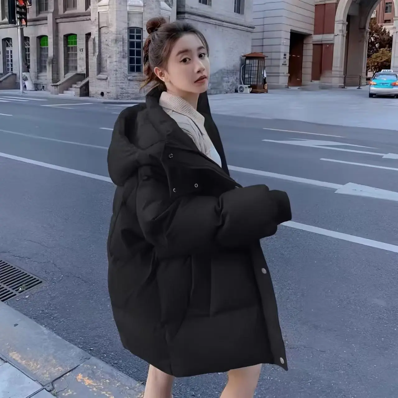 

Puffer Parkas Womens Korean Popular Women'S Clothes College White Cargo Style Fashion Colorful Button Pure School Ladies Cotton