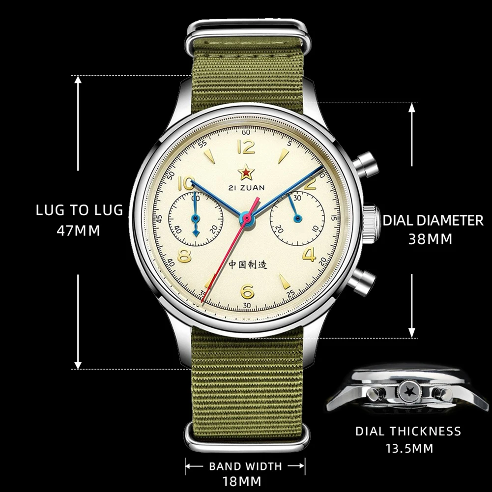 Estrela vermelha 38mm masculino 1963 cronógrafo relógio mecânico piloto com movimento gaivota st1901 força aérea aviação safira ganso 40mm