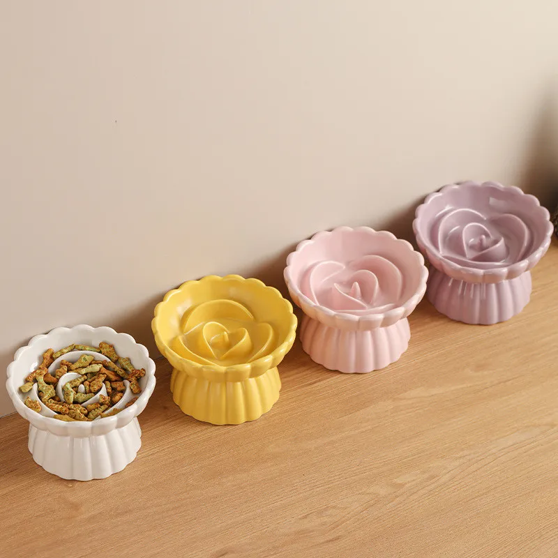 

Ceramic Cat Food Bowl Elevated Cats Small Dogs Slow Feed Bowls Anti-choking Pet Eating Feeders Anti-gulping Puppy Supplies