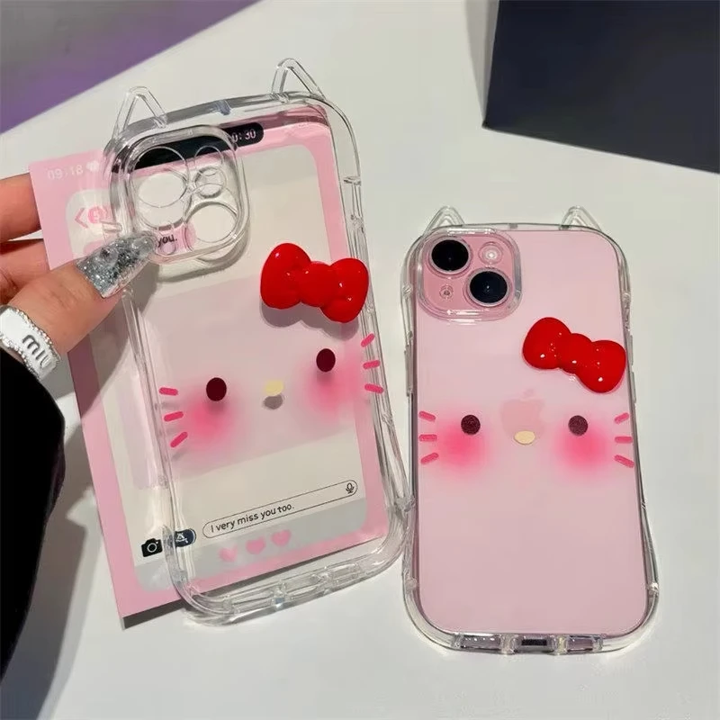 حافظة شفافة بسيطة لطيفة لأحمر الخدود Hello Kitty لهاتف آيفون 13 15 11 16 12 Pro Max 14 7 16 15 8 Plus Xr Xs X Max Se غطاء آذان قطة لطيف