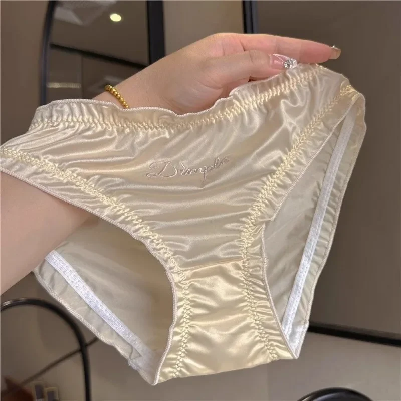 Ropa interior de satén sedoso con letras bordadas para mujer, bragas de tiro bajo, entrepierna de algodón puro, Sexy, puro deseo, levantamiento de