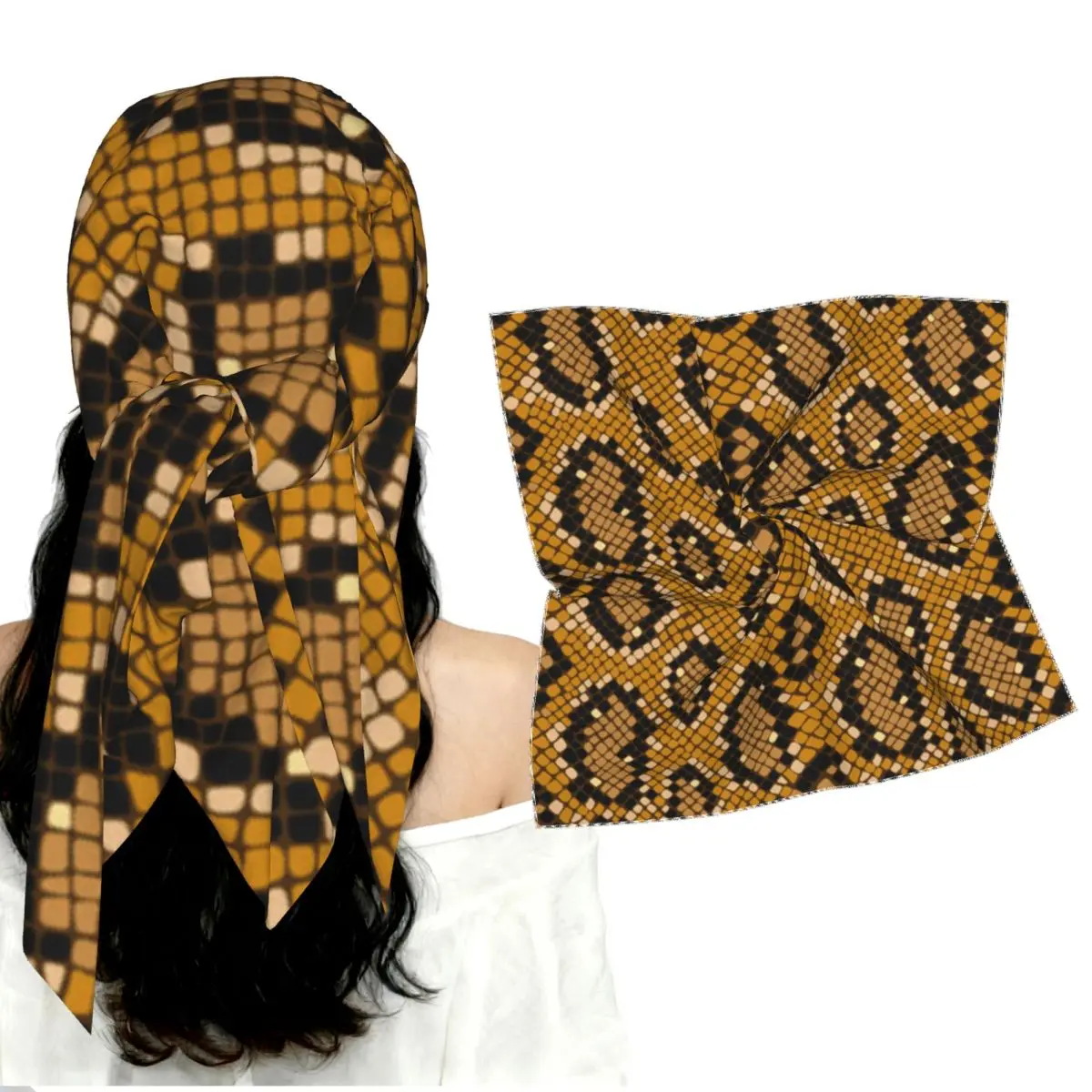 Women Square Scarf Imitated Silk Smooth Satin Kerchief Crocodile Snake Skin Versatile Neck Head Hair Bandana for Daily Wear