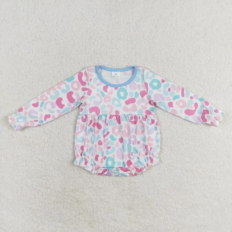 

8.22y Colorful Leopard Print Baby Girl Romper Long Sleeve Onesie Wholesale Boutique Infant Clothing