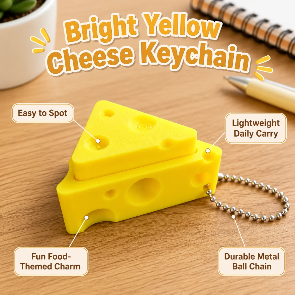 1pc Bright Yellow Swiss Cheese Clicker Keyring, Textured 3D PLA Portable Novelty Food Themed Key Accessory