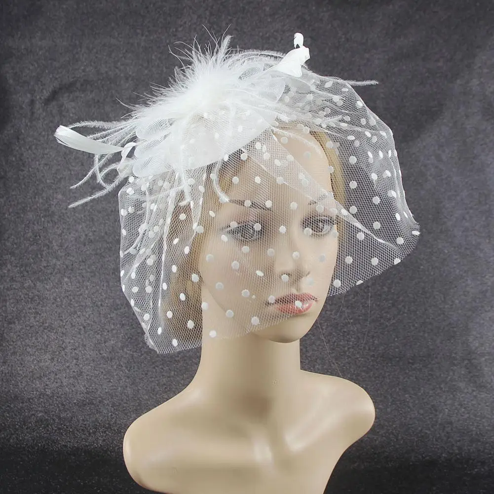 Artificial Feather Headpiece Brides Wedding Hair Accessories Retro Fascinator Hat Women Dot Print Mesh