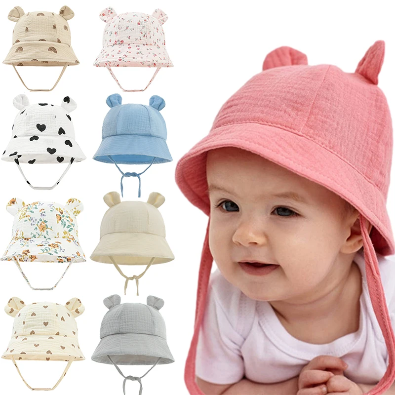 Muslin Newborn Baby Hat Summer Infant Bucket Hats for Girls Boys Cute Printed Fisherman Caps Toddler Kids Panama Sun Cap 3-12 M