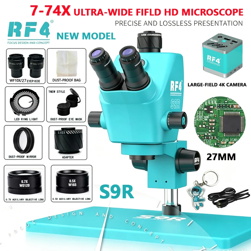 RF4 S9R Trinocular Stereo Microscope 7-74X Continuous Ultra Wide Field Of View 4K HD Camera For Phone Motherboard PCB Repair
