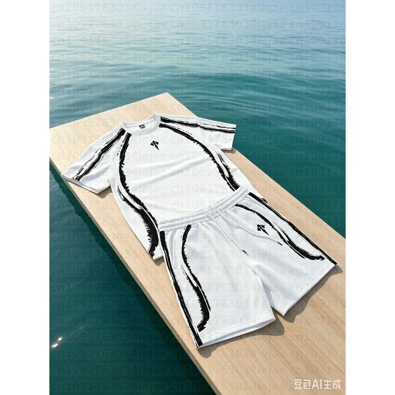 Men's Kid Suit Round Neck Short-sleeved T-shirt Shorts Suit Daily Fashion Cross Stripes Gradient Print Suit Boyfriend Gift