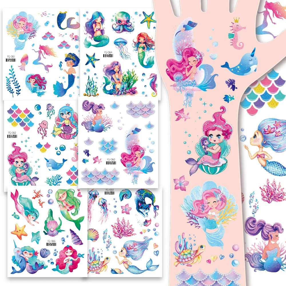 6 Sheets Glitter Mermaid Temporary Tattoo Stickers, Seaside Beach Mermaid Themed Party Favors, Birthday Supplies, Gifts