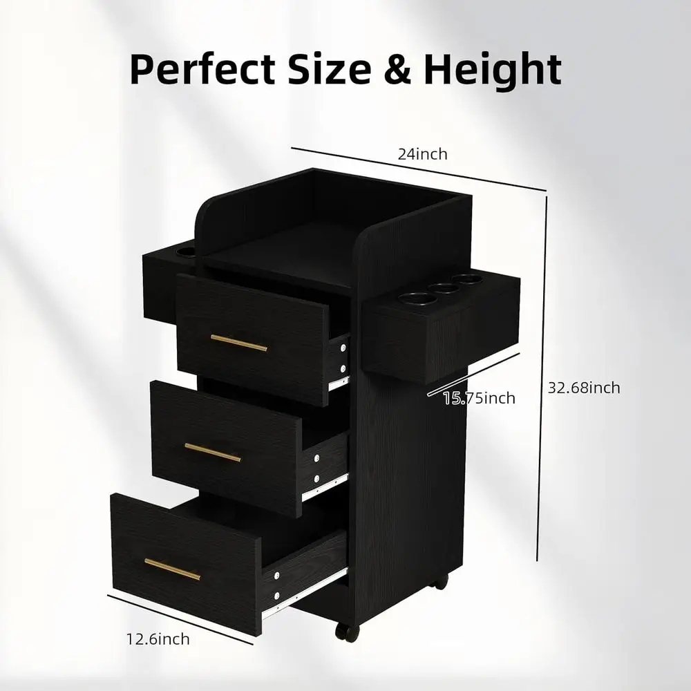 Stylish Hair Styling Trolley with 6 Dryer Holders and 3 Drawers, Black and Gold