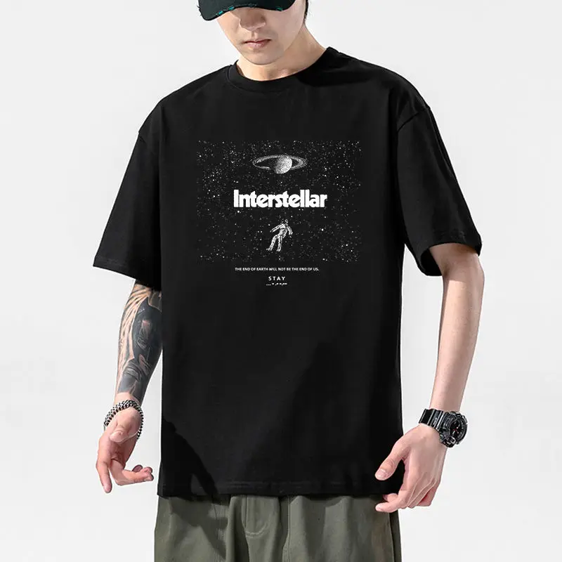 

Interstellar Men's T-shirt Interstellar Film Periphery Short Sleeve Sci-fi Universe Space Planet Black Cotton Print Tide Brand
