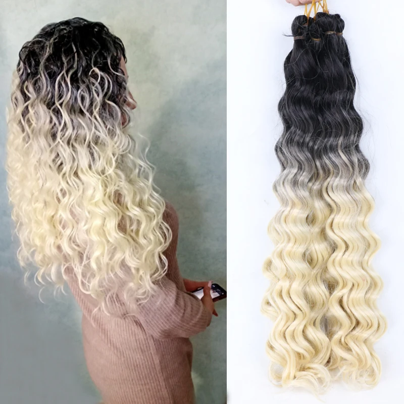 Full Star Ombre Deep Wave Bulk Crochet Kepang Rambut Sintetis Rambut Kepang Hitam Coklat Pink Abu-abu 613 # Warna Crochet Deep Twist