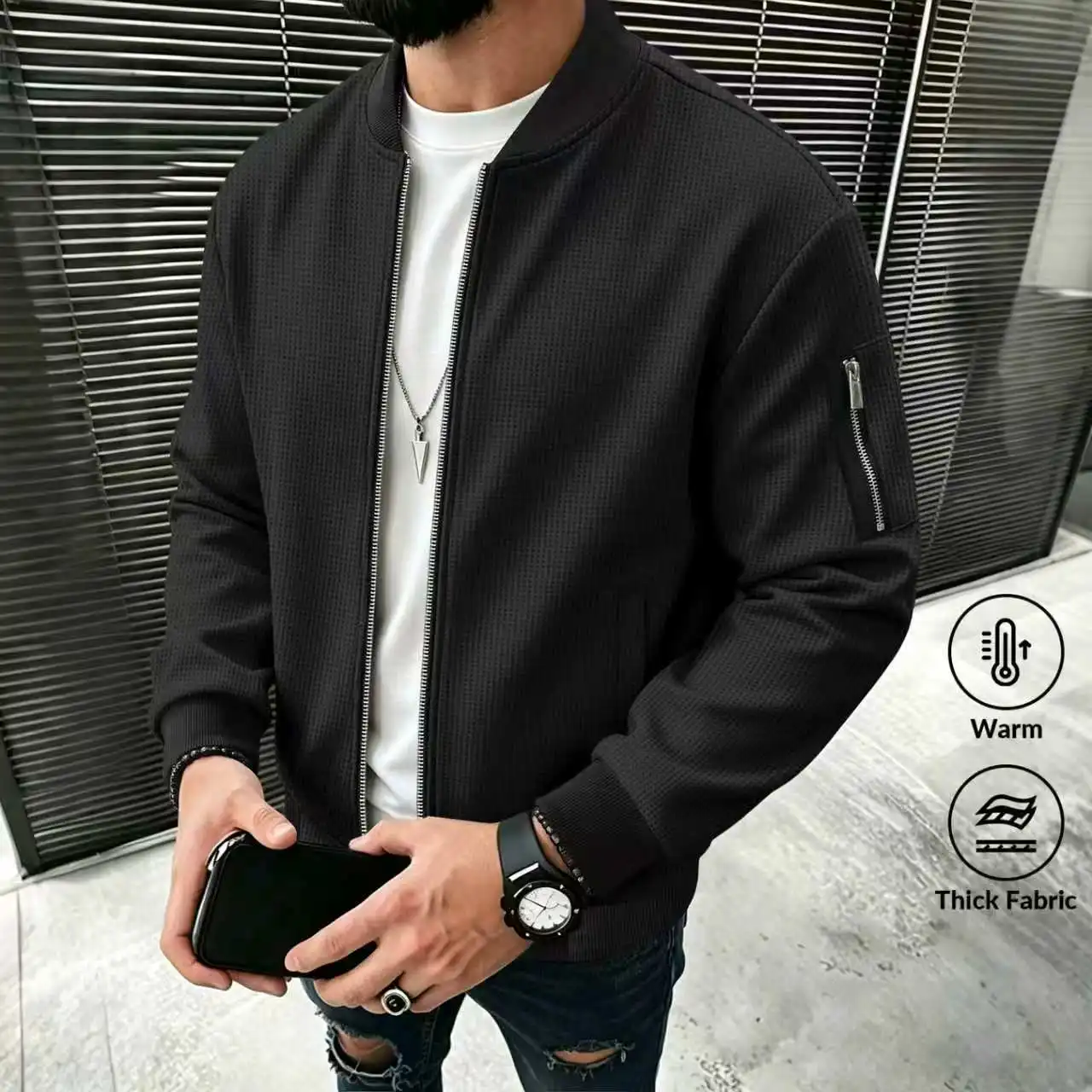 Men's Breathable Waffle Knit Bomber Jacket Zip up Stand Collar Streetwear Coat Contrast Trim New Arrival 2026