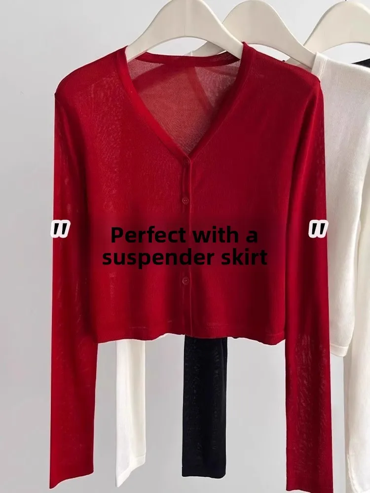 

Red Silk Knitted Open Cardigan Women's Summer New Thin Long Sve Sun Protection Outerwear with Sa oulder awl Top