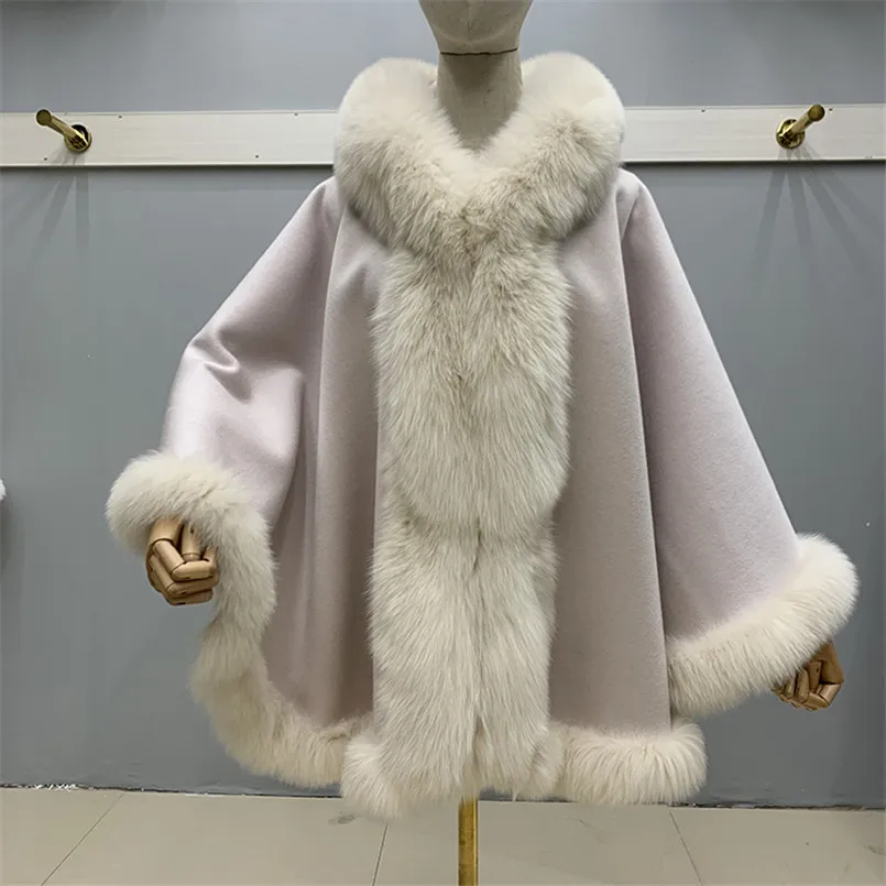 

100% Real Wool Colak Cape with Genuine Fox Fur Trimmed Hooded Coat Elegant Female Senior Shawl Winter Thick Warm Wraps Poncho