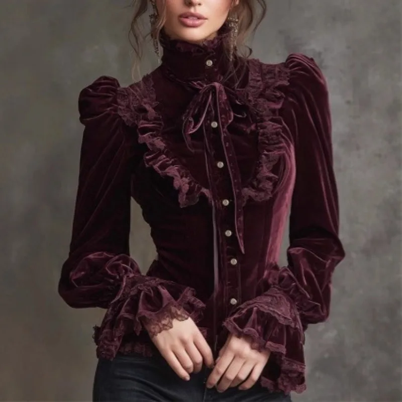 Women's Blouses Dresses Shirts Gothic Loose-fitting Velvet Vintage Long-sleeved Comfortable Casual Minimalist Luxurious Designer
