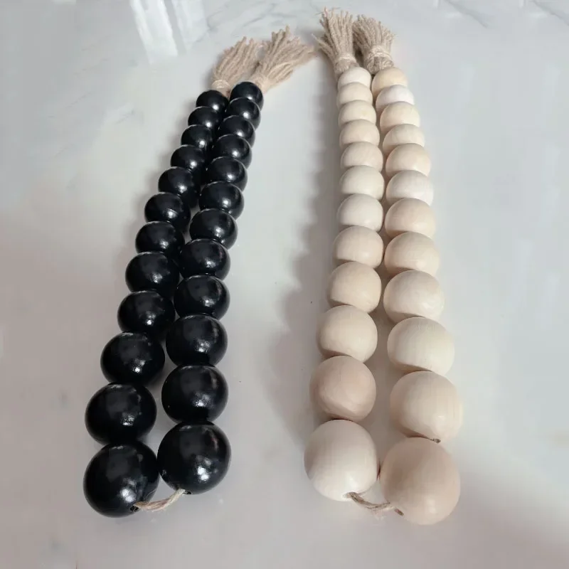 Chunky Wood Bead & Tassel Garland – 4cm Farmhouse Bohemian Wall Decor, Nordi Rustic Prayer Beads, Scandinavian Room Hanging
