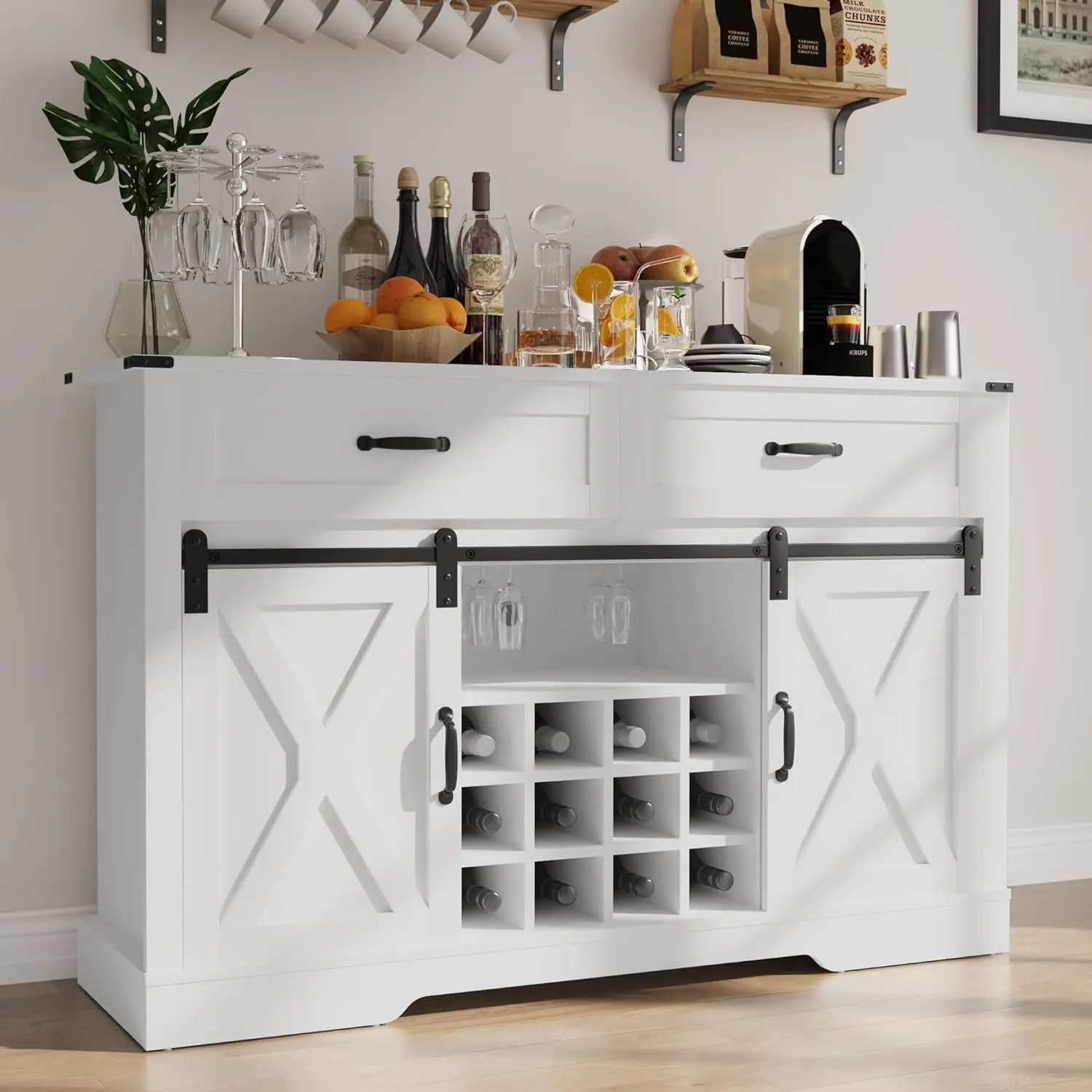 

52'' Wine Bar Cabinet w/ Sliding Barn Door, Farmhouse Buffet Liquor Coffee Cabinet Sideboard with Storage, Solid White