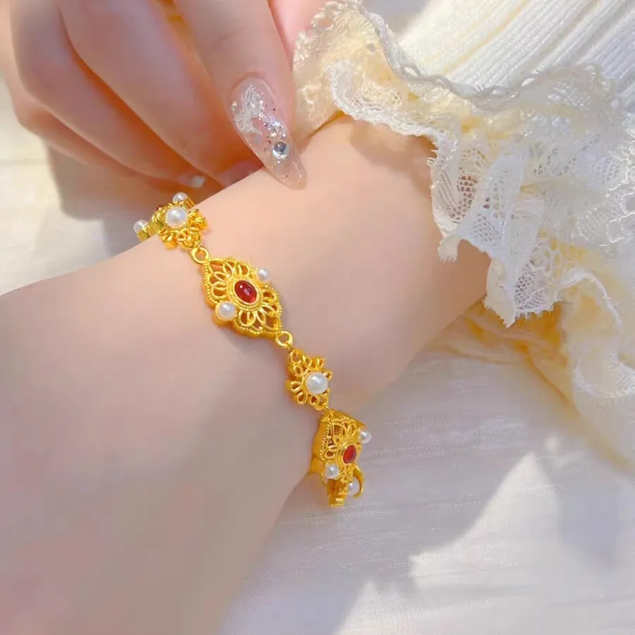 

Luxury 24K 9999 Pure Gold real gold Women's Silk Pearl Bracelet Lucky Grass Bracelet