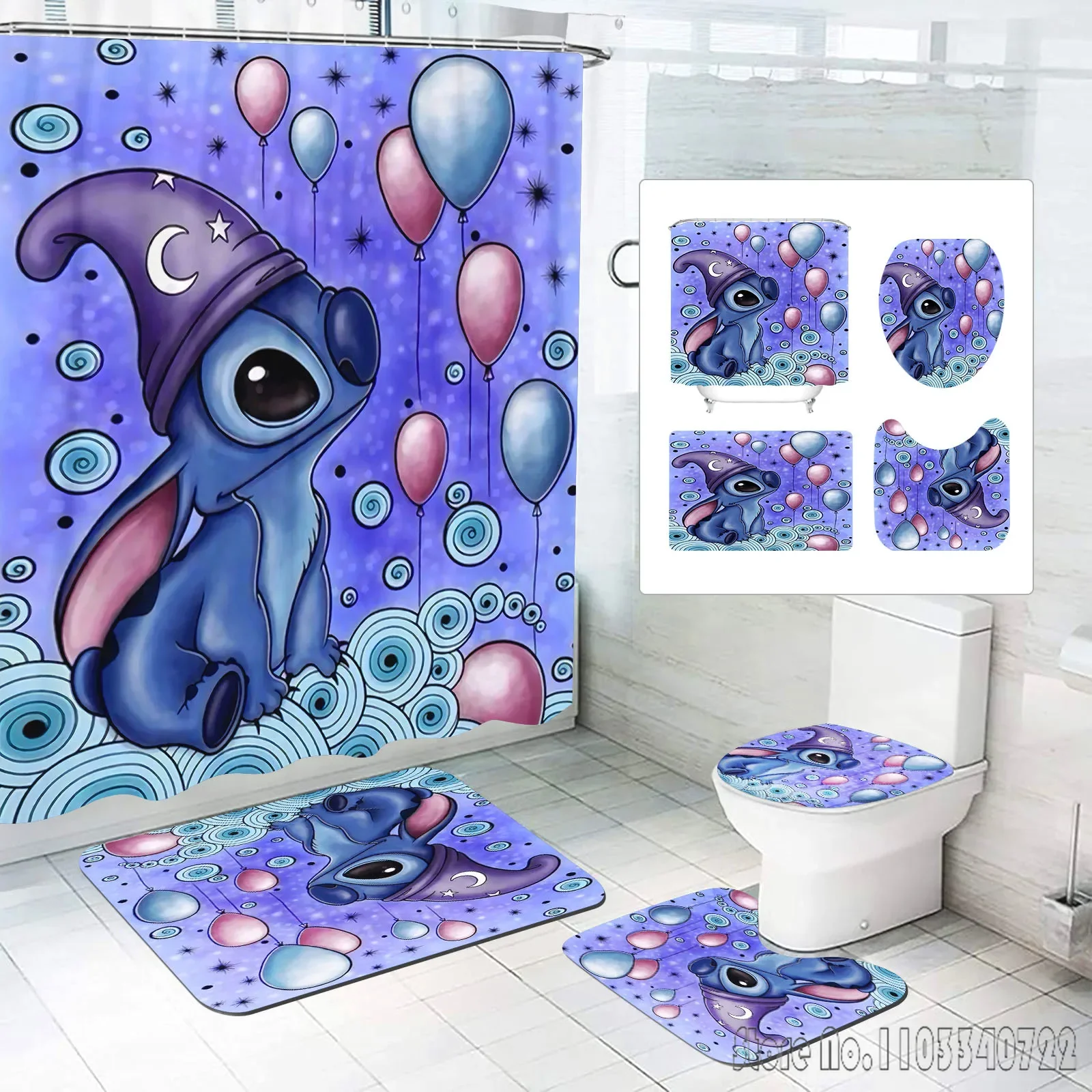 Stitch Angle Disney Bath Shower Curtain Set 4pcs with Hooks Waterproof Bathroom Toilet Mat Lid Decor