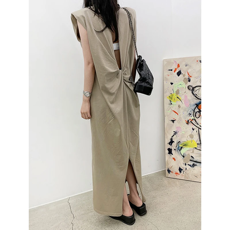 2025 New Arrival Summer Women Loose Fit Casual Straight Dress Sleeveless Korean Style Bow Hollow Out Ankle-length Dresses T38