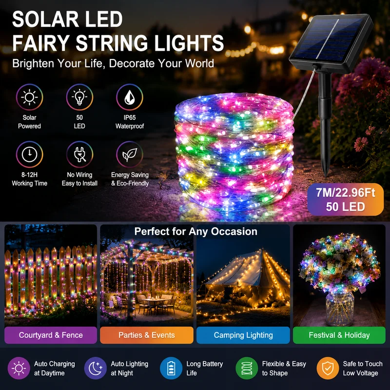 50 LED Outdoor Solar Lights 8 Modes Colorful Fairy String Garland for Garden Patio Tree Holiday Party Decor