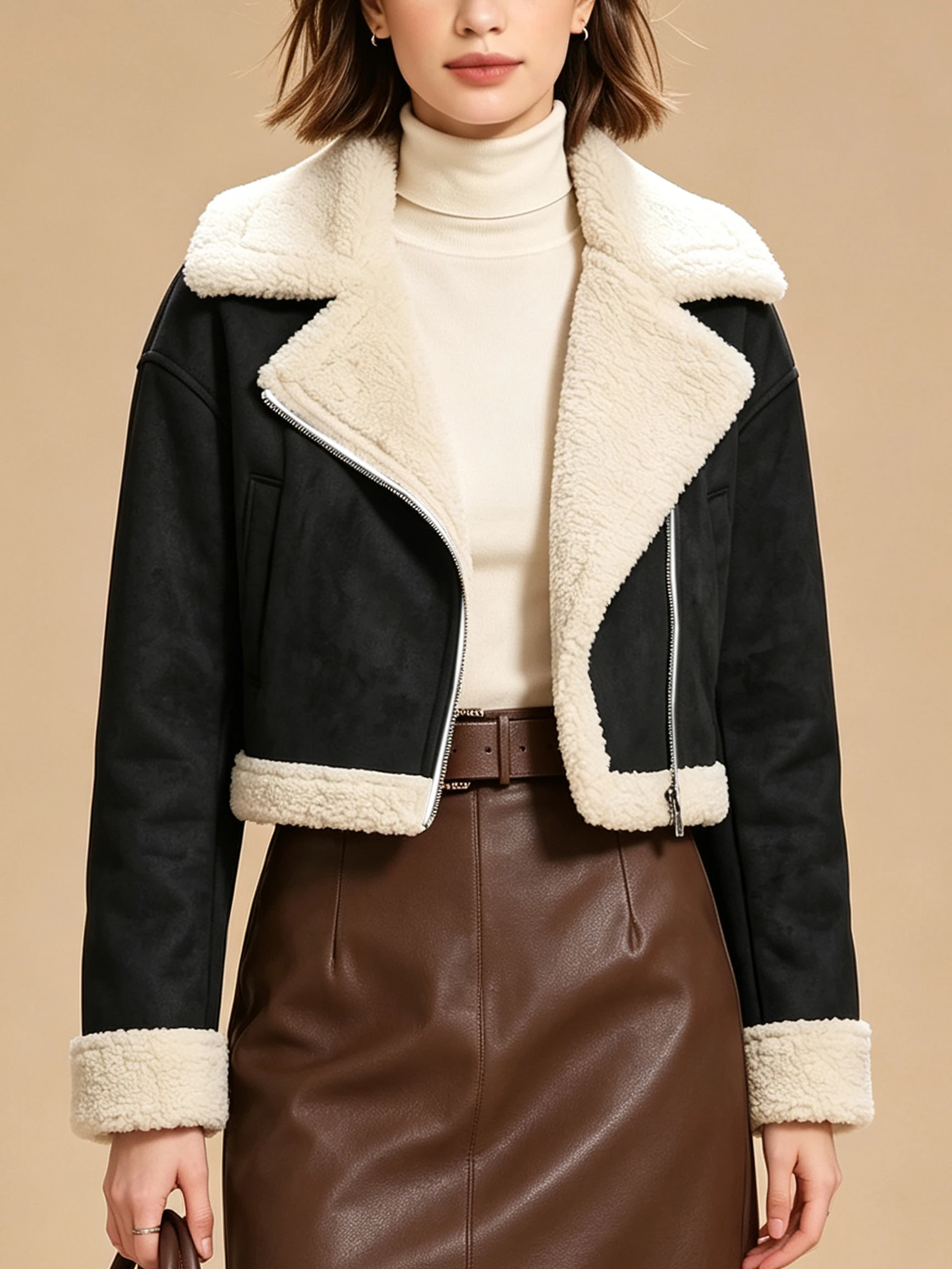 Damen Einfarbiger Mantel mit Kragen und Asymmetrischem Design, Reißverschluss, Kurze Länge, Herbst-Winter-Musikfestival-Jacke Neu 2026 – Detail 1